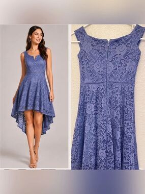 Jodi Kristopher Slate Blue Lace Hi-Low Fit & Flare Dress Size 1 V-Neck Cutout